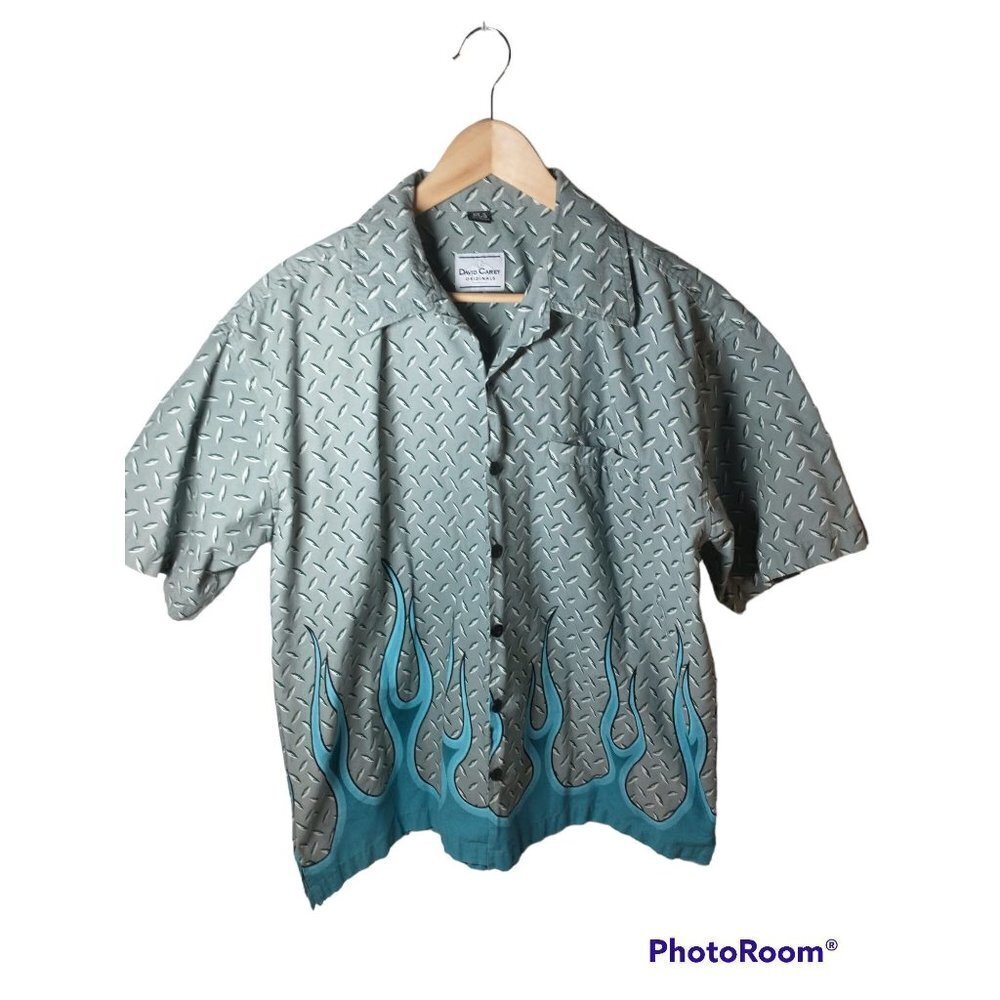 ☀️David Carey Originals Cotton Mechanic Flame graphic Button Down Shirt, XL